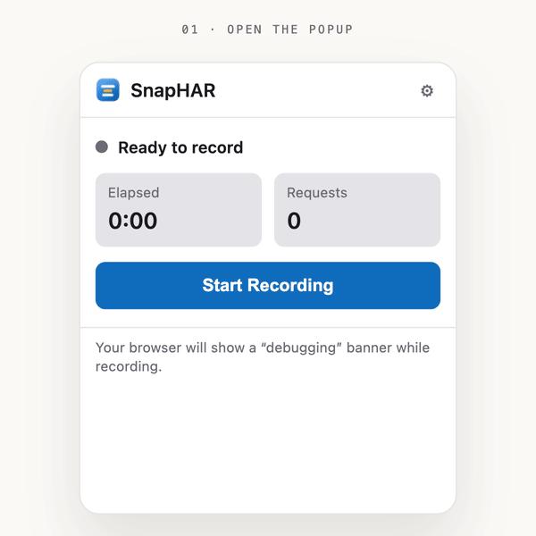 SnapHAR popup: open → record → stop & export a .har